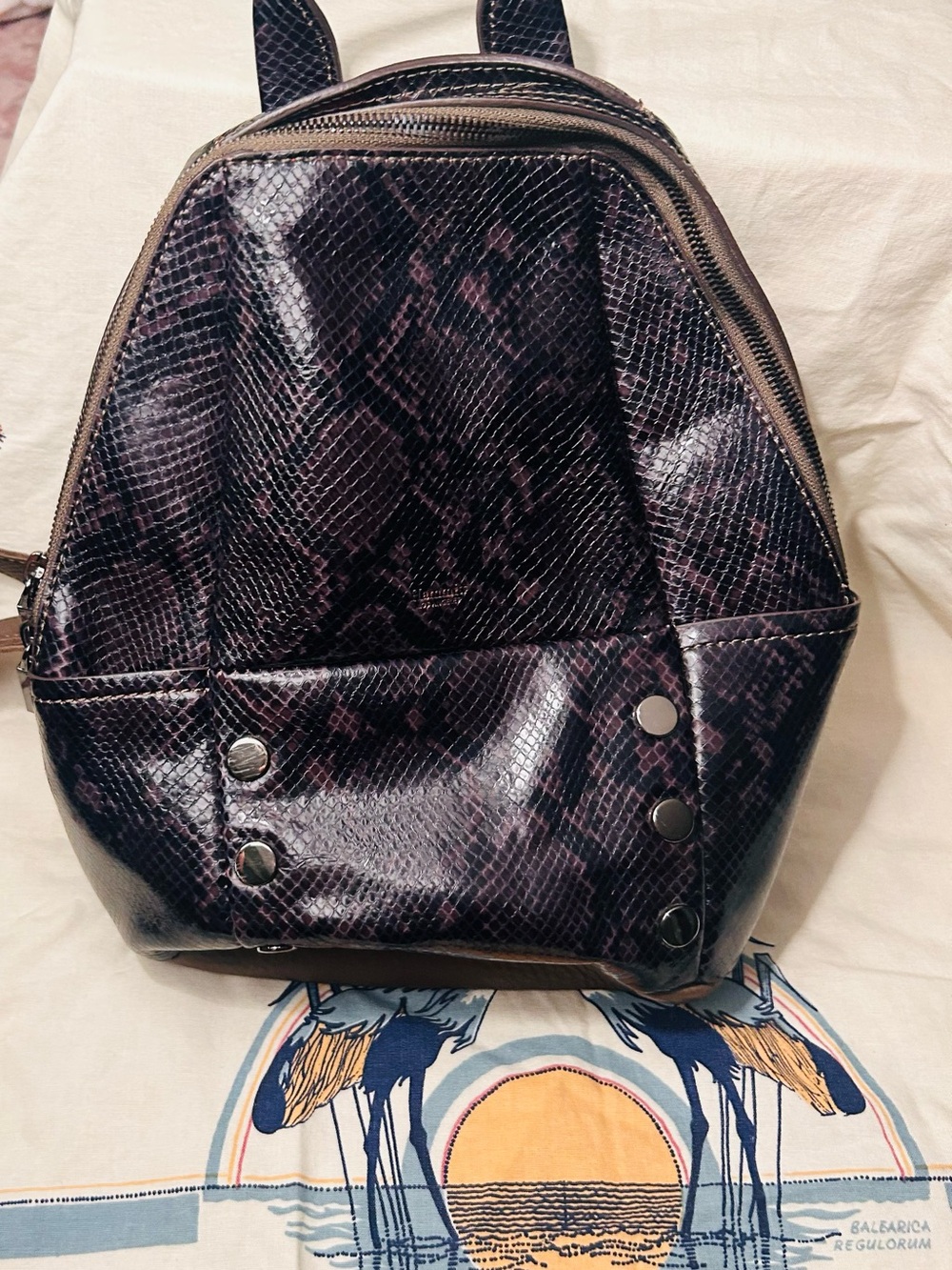 Hammitt Brown & Tan Leather Faux Snakeskin Mini Backpack with Silver Hardware